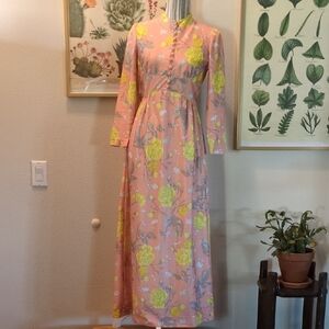 Vintage Floral Jerrie Lurie Dress Small Long sleeve Peach Yellow Button …